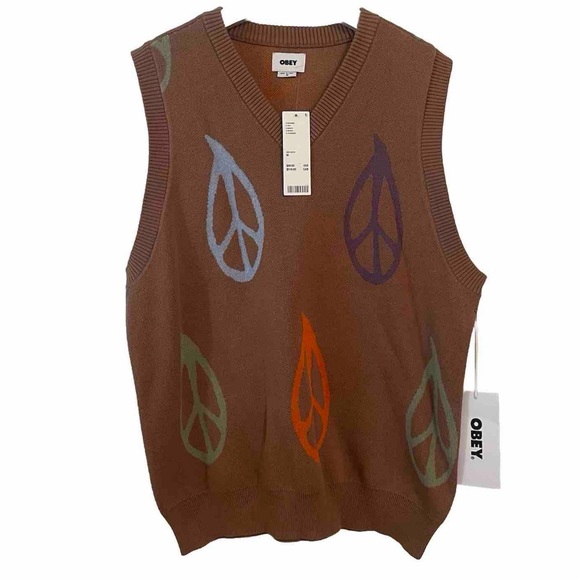 Obey Sweater Vest Peaced Men’s Medium Brown Peace Signs New With Tags Pullover - Picture 1 of 9